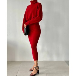 Kadın Balıkçı Yaka Triko Elbise - Kırmızı
