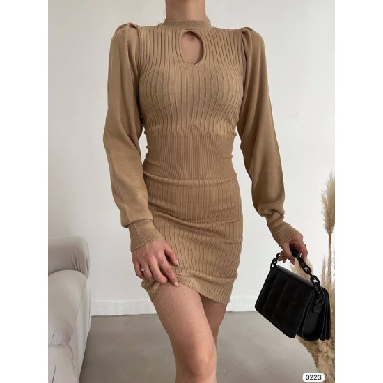 Kadın Kahverengi - Vizon Damla Yaka Detaylı Uzun Kol Triko Elbise Mini Elbise Elbise