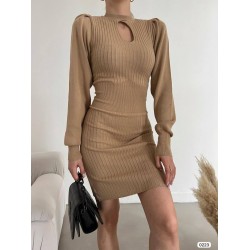 Kadın Kahverengi - Vizon Damla Yaka Detaylı Uzun Kol Triko Elbise Mini Elbise