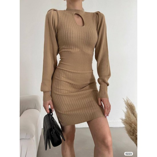 Kadın Kahverengi - Vizon Damla Yaka Detaylı Uzun Kol Triko Elbise Mini Elbise Elbise