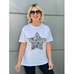 Parlak Taş İşlemeli Yıldız Desenli T-shirt