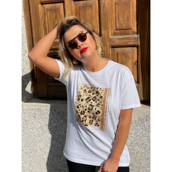 Leopar Desen Parlak Taş İşlemeli Pamuklu Doku T-shirt Likralı 