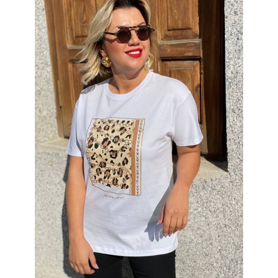 Leopar Desen Parlak Taş İşlemeli Pamuklu Doku T-shirt Likralı 