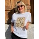 Leopar Desen Parlak Taş İşlemeli Pamuklu Doku T-shirt Likralı 